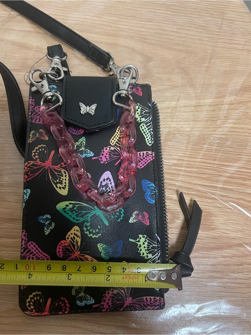 Butterfly Print Black Crossbody Phone Bag with Pink Chain - Picture 12 of 14
